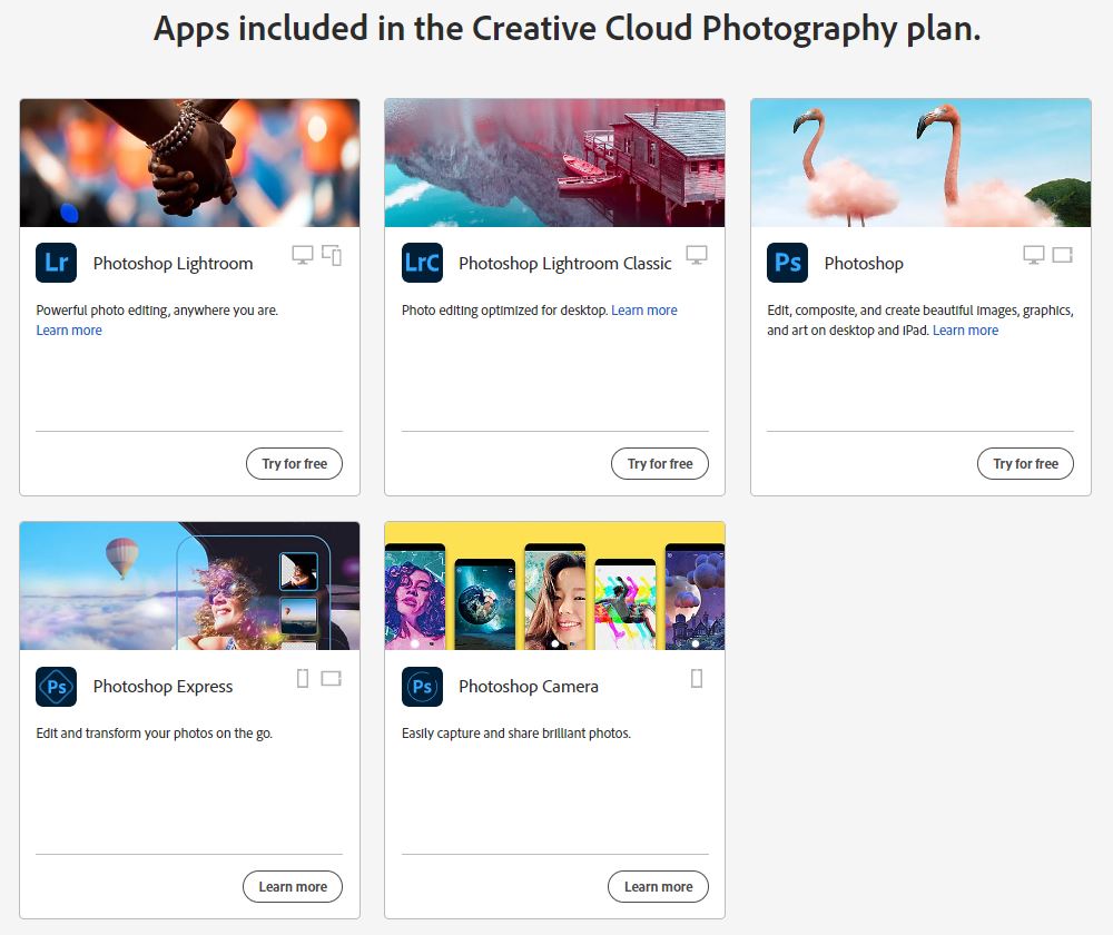 Các apps trong Tài khoản Adobe Photography bản quyền